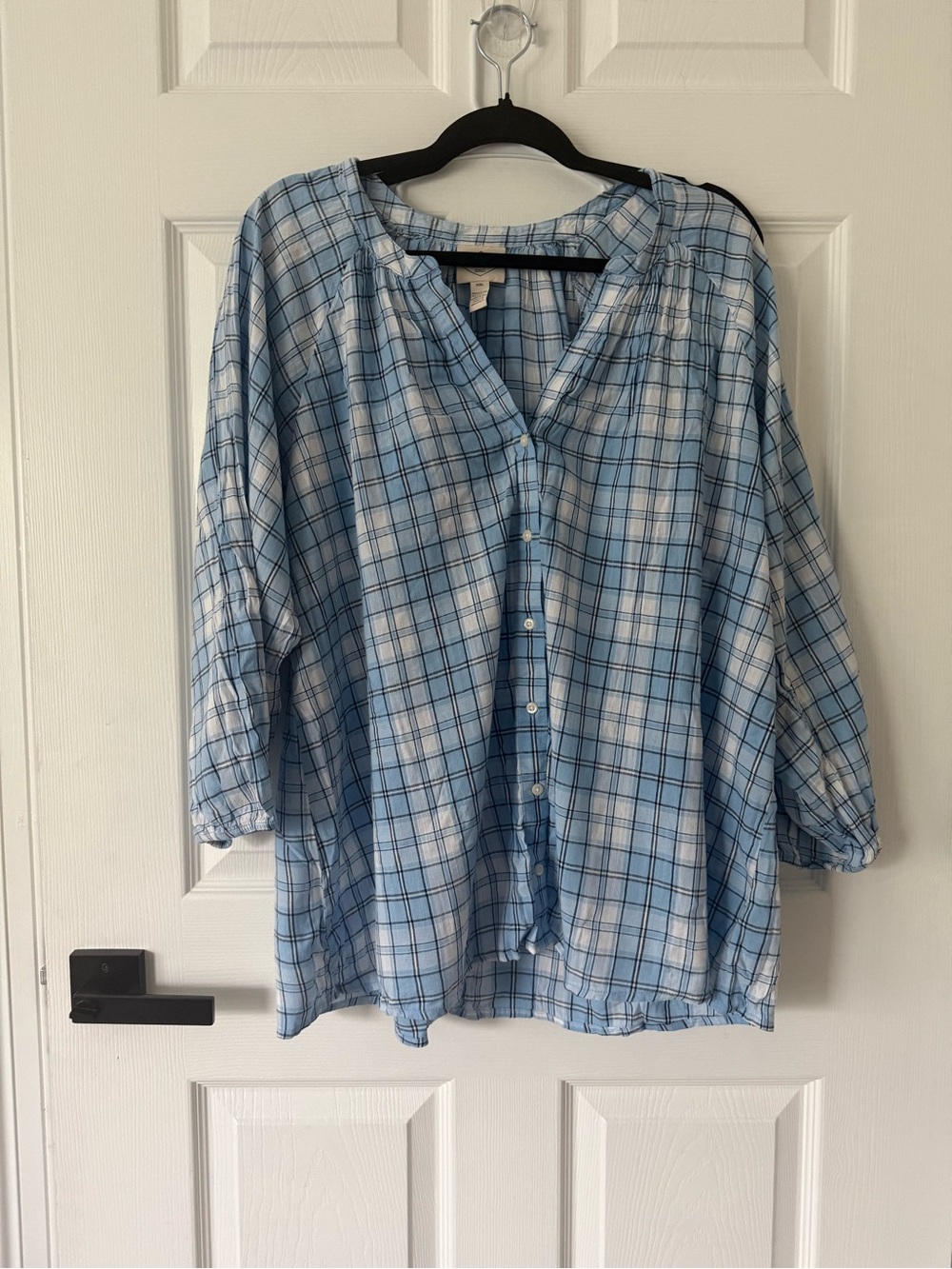 St. John's Bay Blue and White Plaid Button-Front Blouse